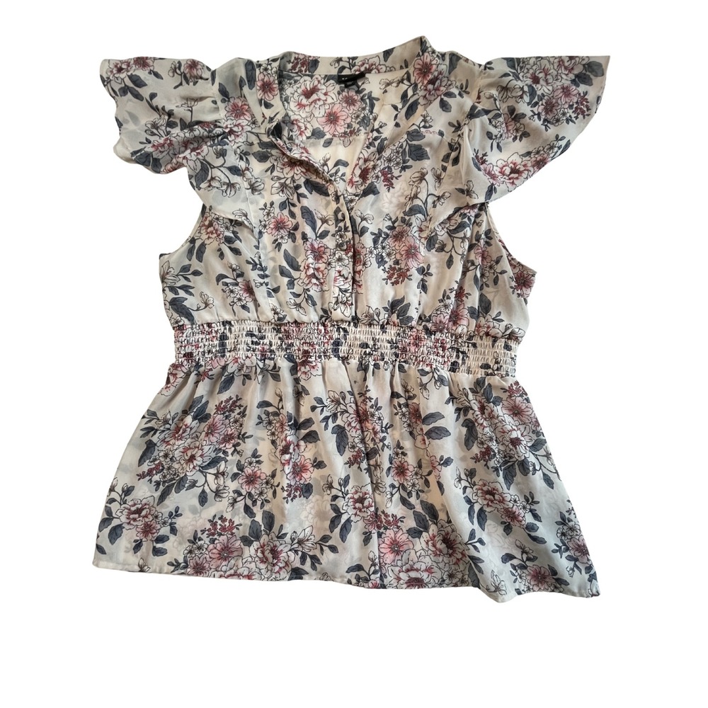 Floral Flutter Sleeve Smocked Babydoll Top Plus 2X Semi Sheer Chiffon Boho Flowy